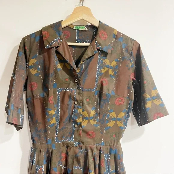 Alex Colman Vintage Brown Medium A Line 50s 60s Button Front Day Dress MIDI - Picture 3 of 10